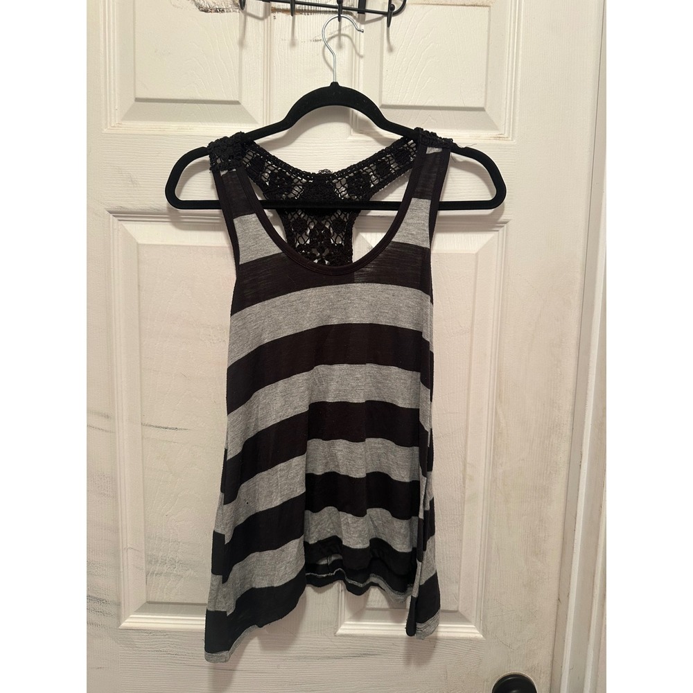 Striped Racerback Tank Top Black Gray Crochet Lace Back S Mossimo 2000s